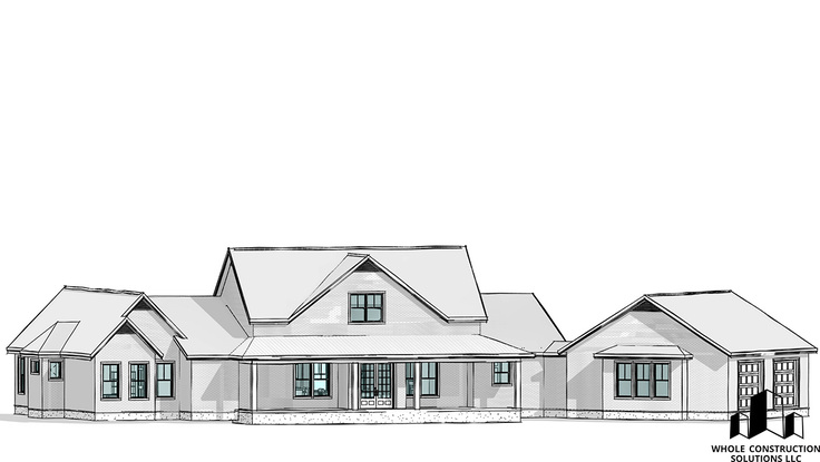 Architectural rendering of a single-story farmhouse with dormer windows, gabled rooflines, and a large covered front porch designed by Whole Construction Solutions LLC.